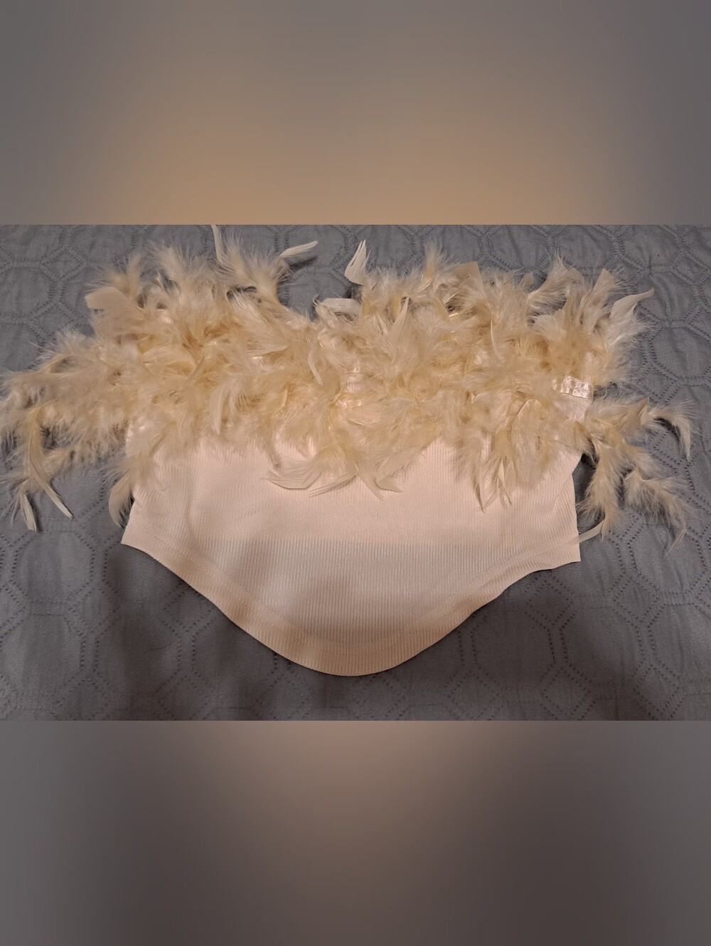 Feather Trim Strapless Bandeau Top - Cream Sz M